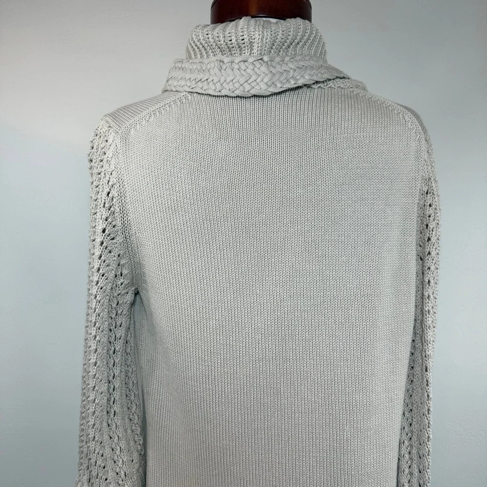 Elie Tahari Silk Cotton Open Front Cardigan Beige Braided Cable Knit Coastal M